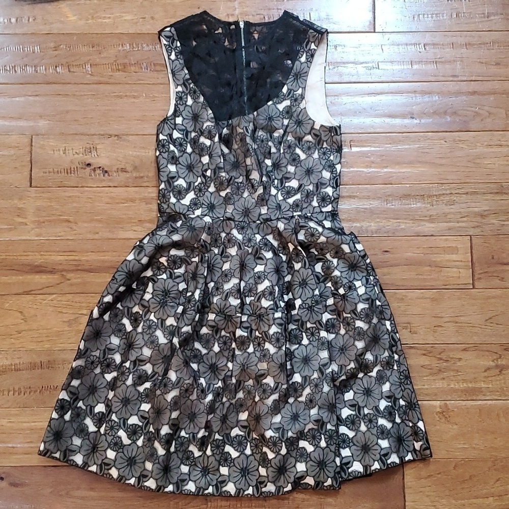 Jill Stuart embroidered lace floral black nude dress